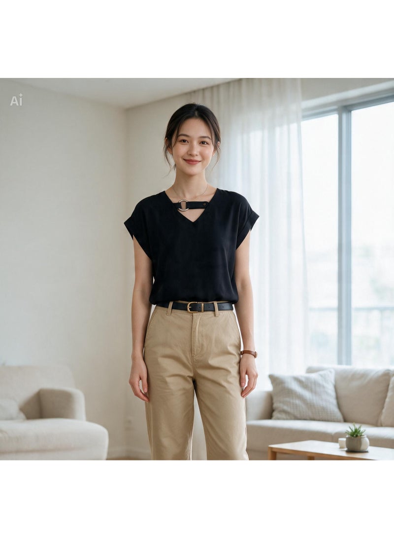 Women's Black Short-Sleeve V-Neck Shirt with Metal Ring Detail, Relaxed Fit - Image 3