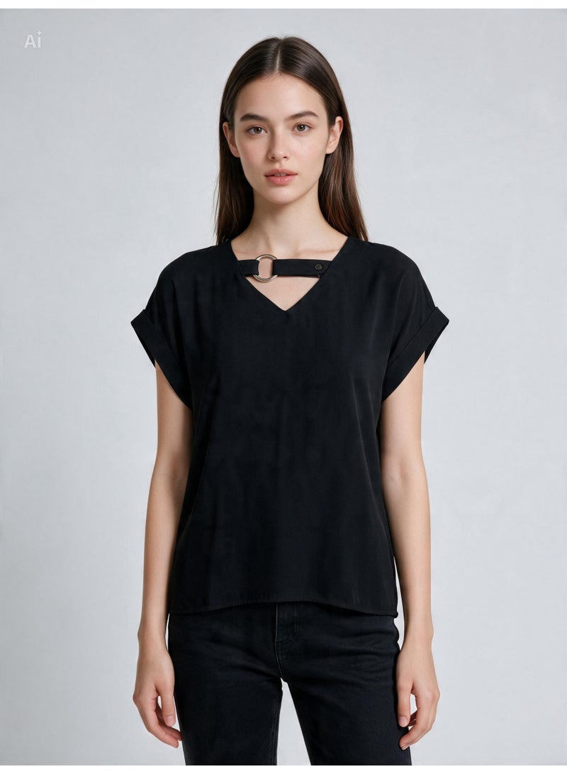 Women's Black Short-Sleeve V-Neck Shirt with Metal Ring Detail, Relaxed Fit - Image 4