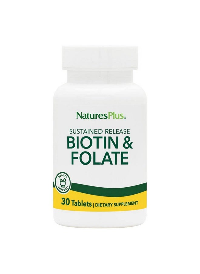 ناتشرز بلاس - NaturesPlus Biotin & Folic Acid (Methylfolate)، إطلاق مستدام - 30 قرصًا نباتيًا - فيتامين B7 وفيتامين B9، يدعم نمو الشعر، معزز للطاقة، فيتامين ما قبل الولادة - خالٍ من الجلوتين - 30 وجبة - Image 1