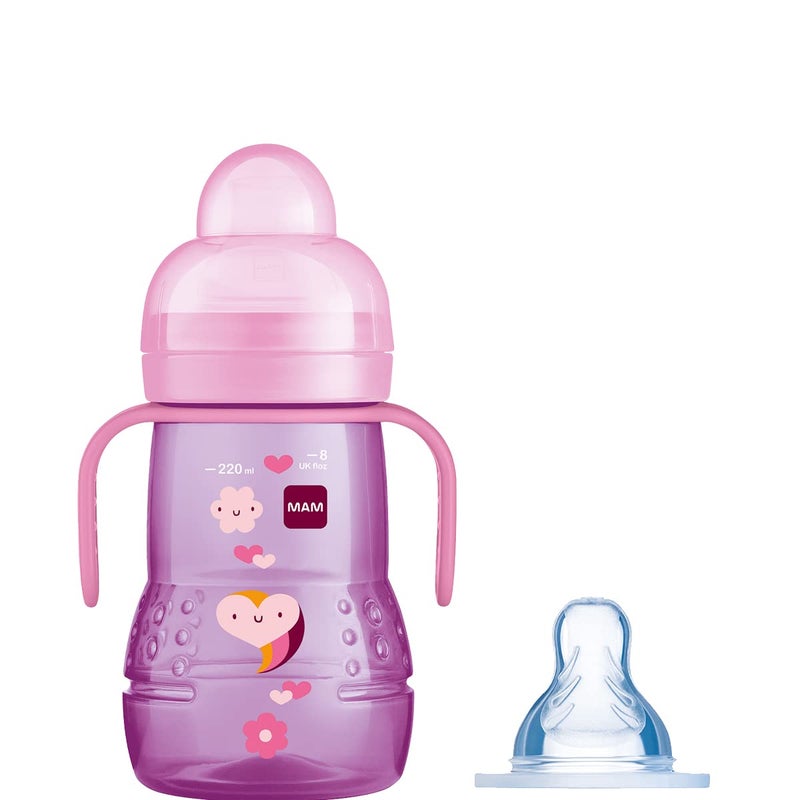 Baby Born MAM Trainer+ Baby Cup | 1 Pack (1 x 220ml) | Suitable from 4+ Months for Independent Drinking | Comes with Free Fast Flow MAM Teat Size 3 | Spill-Free | Pink (Various Designs) - Image 1