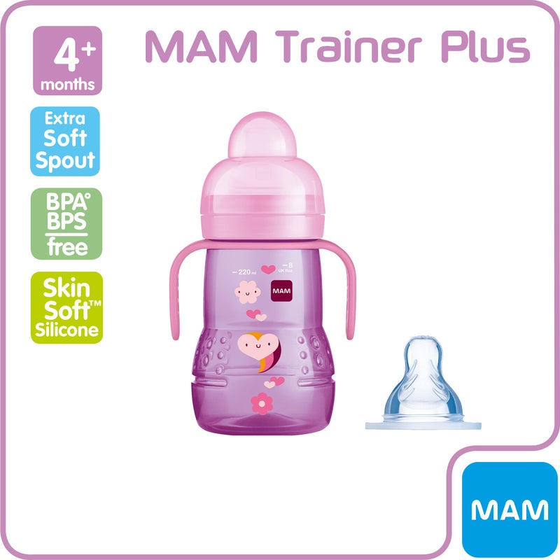 Baby Born MAM Trainer+ Baby Cup | 1 Pack (1 x 220ml) | Suitable from 4+ Months for Independent Drinking | Comes with Free Fast Flow MAM Teat Size 3 | Spill-Free | Pink (Various Designs) - Image 2