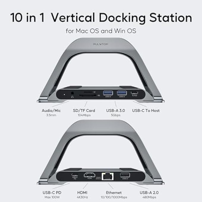 rayihni MACBOOK DOCKING STATION, USB C DOCKING STATION WITH VERTICAL STAND COMPATIBLE WITH MACBOOK PRO AND AIR, WITH 4K HDMI, 3 USB, SD/TF, PD3.0, RJ45 ETHERNET, AUDIO, FOR HP/DELL/LENOVO LAPTOPS - Image 2