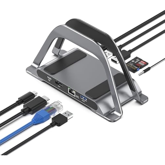 rayihni MACBOOK DOCKING STATION, USB C DOCKING STATION WITH VERTICAL STAND COMPATIBLE WITH MACBOOK PRO AND AIR, WITH 4K HDMI, 3 USB, SD/TF, PD3.0, RJ45 ETHERNET, AUDIO, FOR HP/DELL/LENOVO LAPTOPS - Image 1