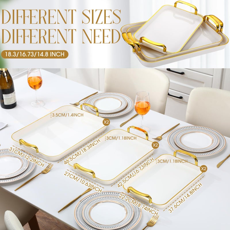 Rtteri Set of 6 Serving Platters with Handles 18.3/16.73/14.8 Inch Large Rectangular Serving Tray Reusable for Entertaining Dinner Party Wedding Decoration(Golden Handles,White) - Image 2