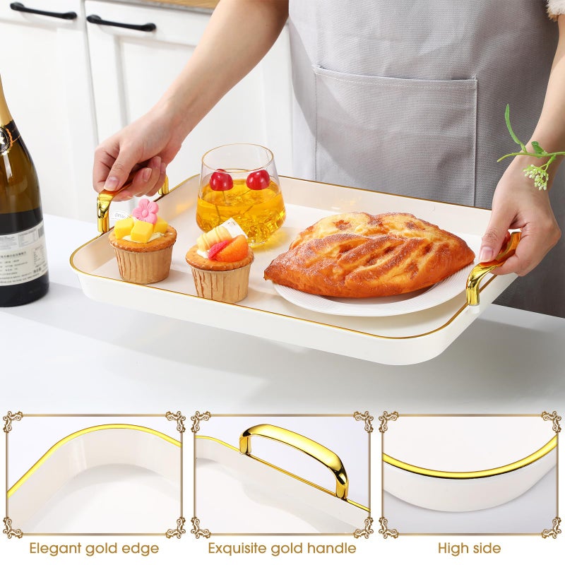 Rtteri Set of 6 Serving Platters with Handles 18.3/16.73/14.8 Inch Large Rectangular Serving Tray Reusable for Entertaining Dinner Party Wedding Decoration(Golden Handles,White) - Image 3
