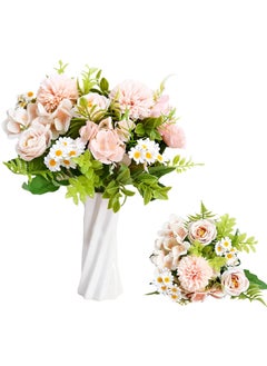 KASTWAVE 3 Pcs Mixed Artificial Rose and Daisy Flower Bouquets, Faux Fabric Flower Arrangements for Wedding Birthday Party Home Decor  - Image 1