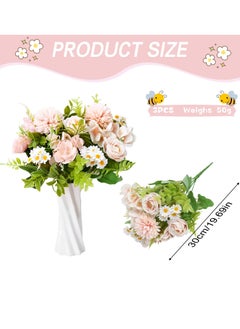 KASTWAVE 3 Pcs Mixed Artificial Rose and Daisy Flower Bouquets, Faux Fabric Flower Arrangements for Wedding Birthday Party Home Decor  - Image 2