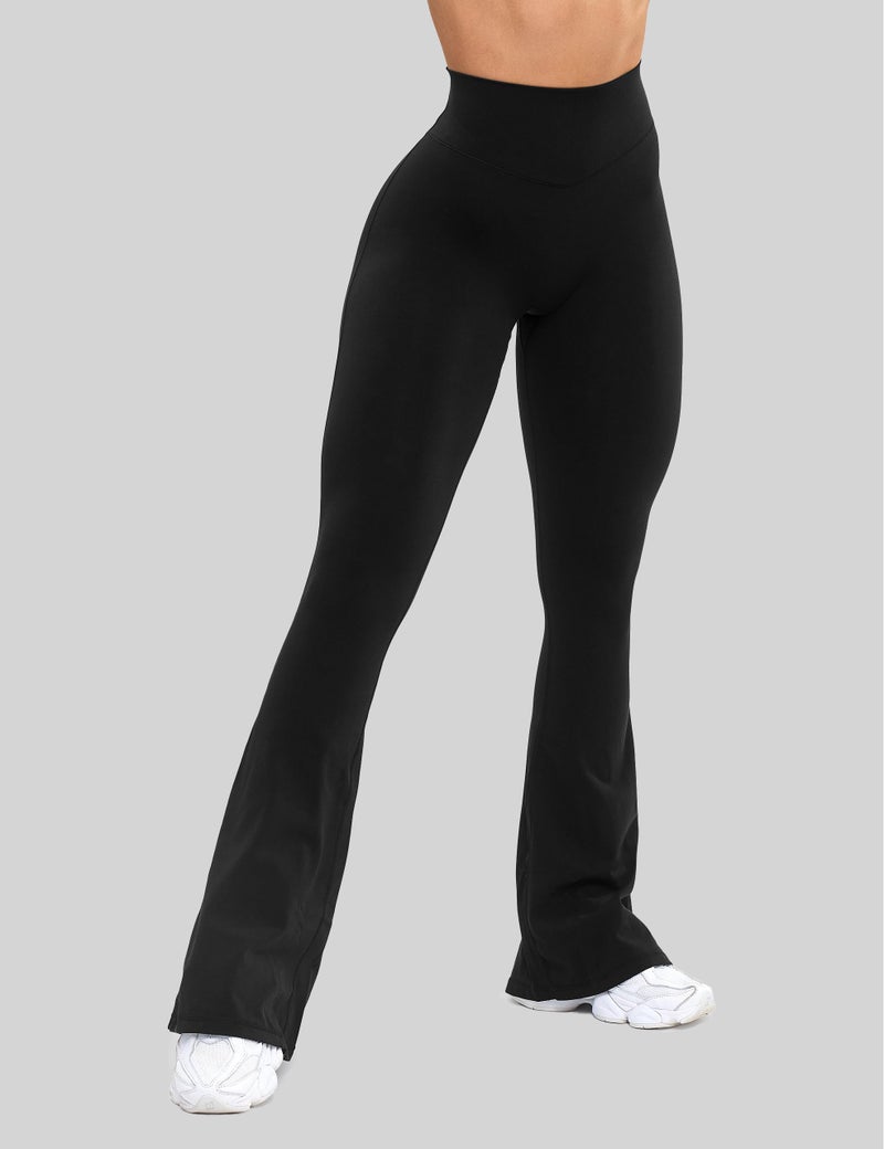 Unthewe High Waisted Flare Leggings for Women Tummy Control Butt Lifting Workout Yoga Wide Leg Pants(U926-Black-S) - Image 2