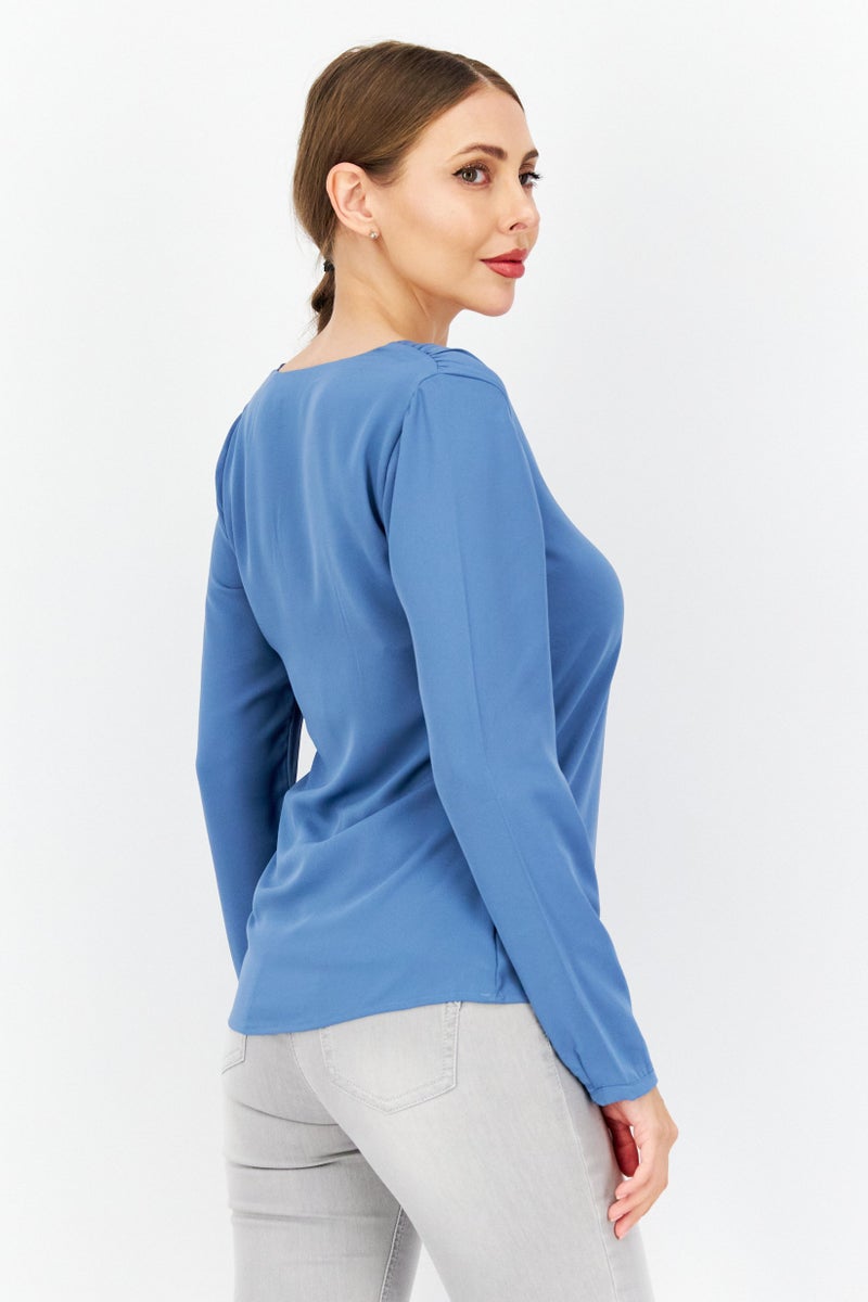 Zero بلوزة نسائية بأكمام طويلة على شكل حرف U، زرقاء - Image 3