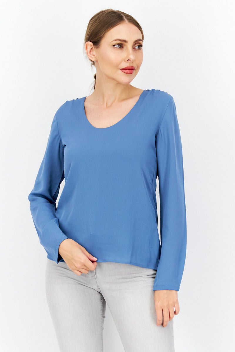 Zero بلوزة نسائية بأكمام طويلة على شكل حرف U، زرقاء - Image 1