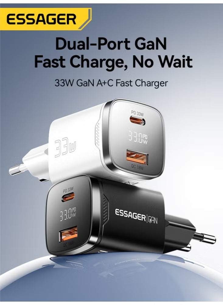 ESSAGER JT-P18 33W GaN Fast Wall Charger with USB-C PD and USB-A Dual Ports, Compact Travel Power Adapter with LED Display, PPS Support, Type-C Quick Charging Head for iPhone, Android Phones, Tablets, Laptops, Power Banks and USB Devices – Black - Image 2