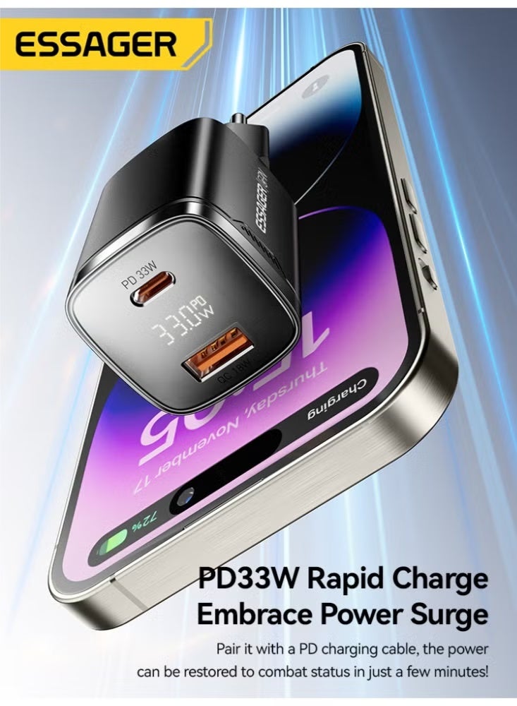 ESSAGER JT-P18 33W GaN Fast Wall Charger with USB-C PD and USB-A Dual Ports, Compact Travel Power Adapter with LED Display, PPS Support, Type-C Quick Charging Head for iPhone, Android Phones, Tablets, Laptops, Power Banks and USB Devices – Black - Image 3