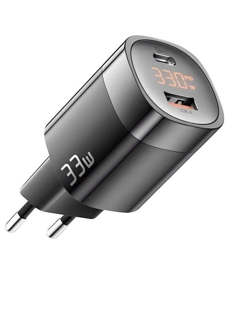 ESSAGER JT-P18 33W GaN Fast Wall Charger with USB-C PD and USB-A Dual Ports, Compact Travel Power Adapter with LED Display, PPS Support, Type-C Quick Charging Head for iPhone, Android Phones, Tablets, Laptops, Power Banks and USB Devices – Black - Image 1