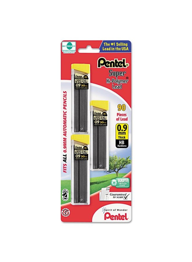 Pentel ® Super Hi-Polymer® Leads, 0.9 mm, HB, 30 Leads Per Tube, Pack Of 3 Tubes - Image 1