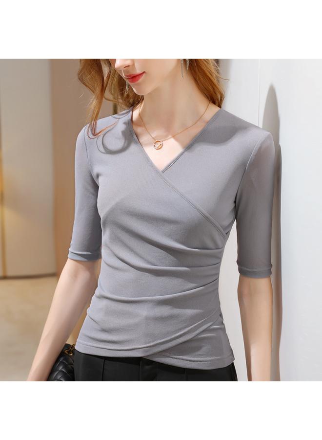 Mesh Base Shirt Women's Summer New European Women's Cross V-neck Mid-sleeve T-shirt Half-sleeve Inner Top
