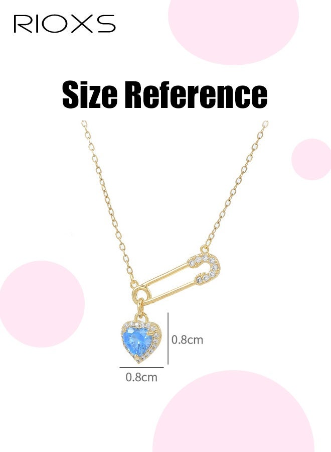 RIOXS Love Heart Pin Necklace for Women, Cubic Zircon Crystal Heart Necklace, Crystal Paper Clip Chain Necklace, Adjustable Blue Heart Charm Necklace,  Party Jewelry Valentine's Day Gift - Image 5