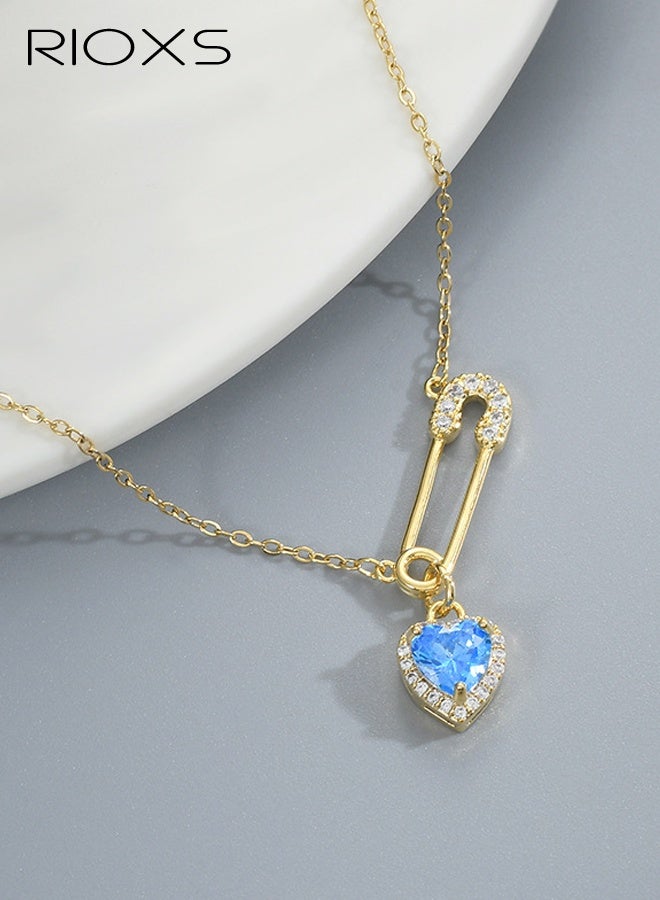 RIOXS Love Heart Pin Necklace for Women, Cubic Zircon Crystal Heart Necklace, Crystal Paper Clip Chain Necklace, Adjustable Blue Heart Charm Necklace,  Party Jewelry Valentine's Day Gift - Image 1