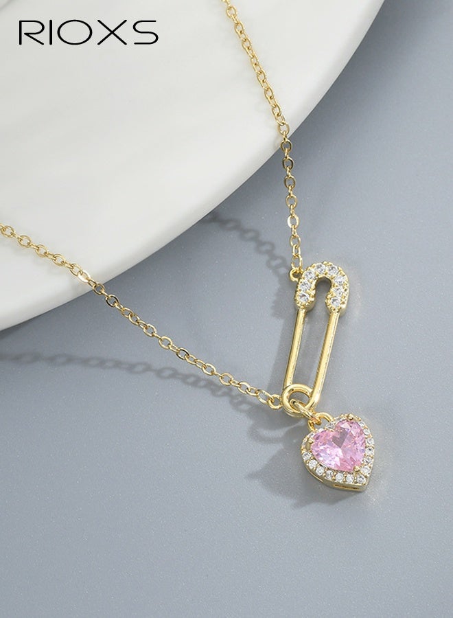 RIOXS Love Heart Pin Necklace for Women, Cubic Zircon Crystal Heart Necklace, Crystal Paper Clip Chain Necklace, Adjustable Blue Heart Charm Necklace,  Party Jewelry Valentine's Day Gift - Image 2