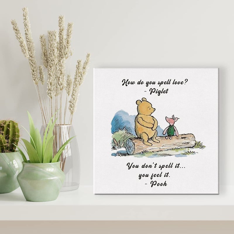 Dolimifa Classic Winnie the Pooh Wall Art Decor How Do You Spell Love Quote Canvas Painting Pictures Framed Print Sign Artwork Ready to Hang for Home Nursery (8x8 Inch) - Image 4