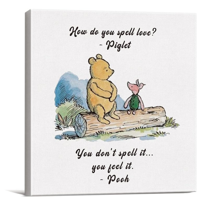 Dolimifa Classic Winnie the Pooh Wall Art Decor How Do You Spell Love Quote Canvas Painting Pictures Framed Print Sign Artwork Ready to Hang for Home Nursery (8x8 Inch) - Image 1