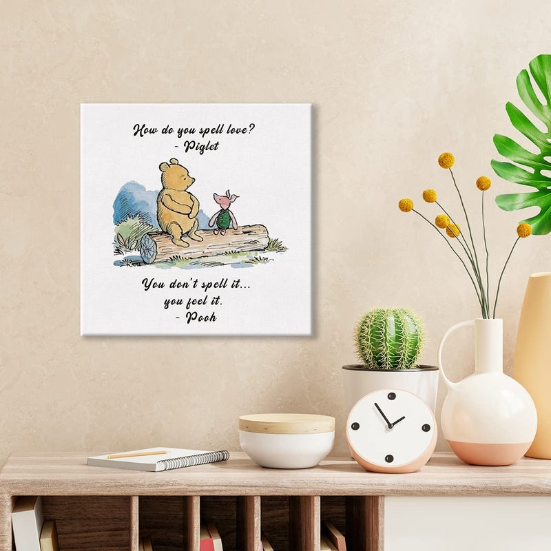 Dolimifa Classic Winnie the Pooh Wall Art Decor How Do You Spell Love Quote Canvas Painting Pictures Framed Print Sign Artwork Ready to Hang for Home Nursery (8x8 Inch) - Image 2