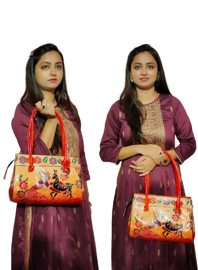 CLASSIQUE Shantiniketan Leather Large shoulder bag 10 x 8 inch Shakuntala With Deer - Image 2