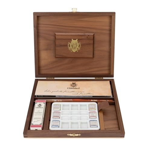 Schmincke - HORADAM® AQUARELL luxury wooden box of the RETRO Line with 19 finest watercolours, 74650097, 18 x 1/2 cups + cochineal red in 15 ml, porcelain palette, brushes - Image 1