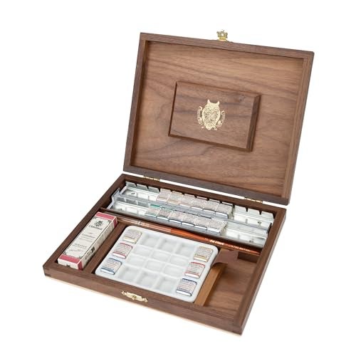 Schmincke - HORADAM® AQUARELL luxury wooden box of the RETRO Line with 19 finest watercolours, 74650097, 18 x 1/2 cups + cochineal red in 15 ml, porcelain palette, brushes - Image 2