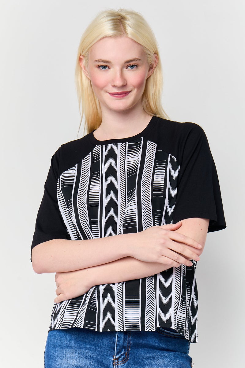 UNDIZ Women Crew Neck Short Sleeve Herringbone Pattern T-Shirt, Multicolor - Image 1