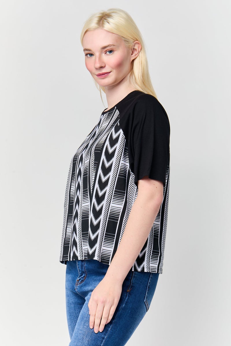 UNDIZ Women Crew Neck Short Sleeve Herringbone Pattern T-Shirt, Multicolor - Image 3