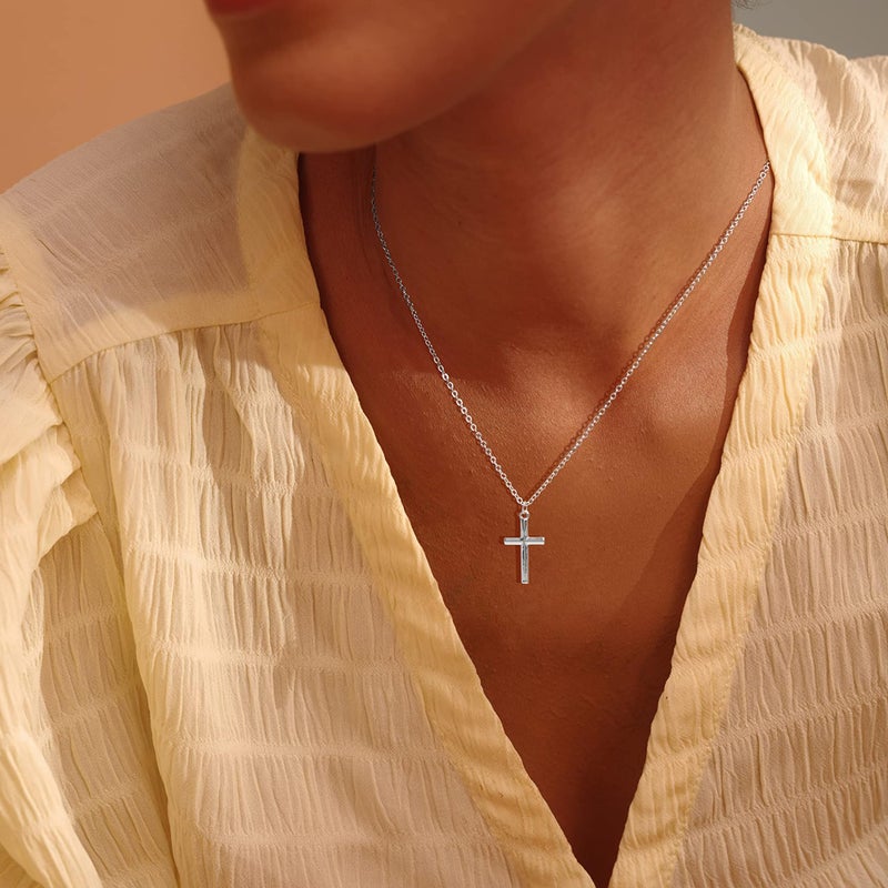 Fettero Cross Necklace Sliver Faith Pendant 14K White Gold Plated Dainty Chain Minimalist Simple Tiny God Lords Prayer Religious Jewelry Gift - Image 2