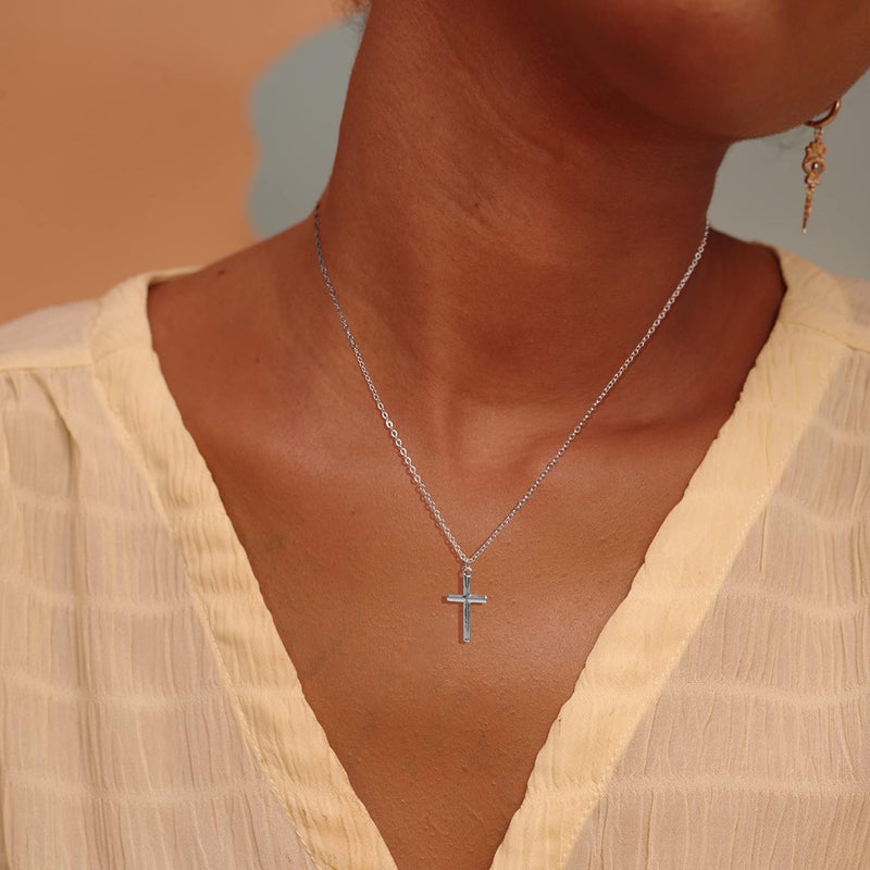 Fettero Cross Necklace Sliver Faith Pendant 14K White Gold Plated Dainty Chain Minimalist Simple Tiny God Lords Prayer Religious Jewelry Gift - Image 3