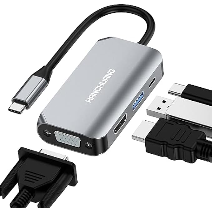 محول USB C إلى HDMI VGA 4 في 1 ثندربولت 3 مع منافذ HDMI 4K، منفذ USB 3.0، منفذ توصيل الطاقة متوافق مع ماك بوك برو/ماك بوك إير/آيباد برو/ديل XPS ثندربولت 3 - Image 1