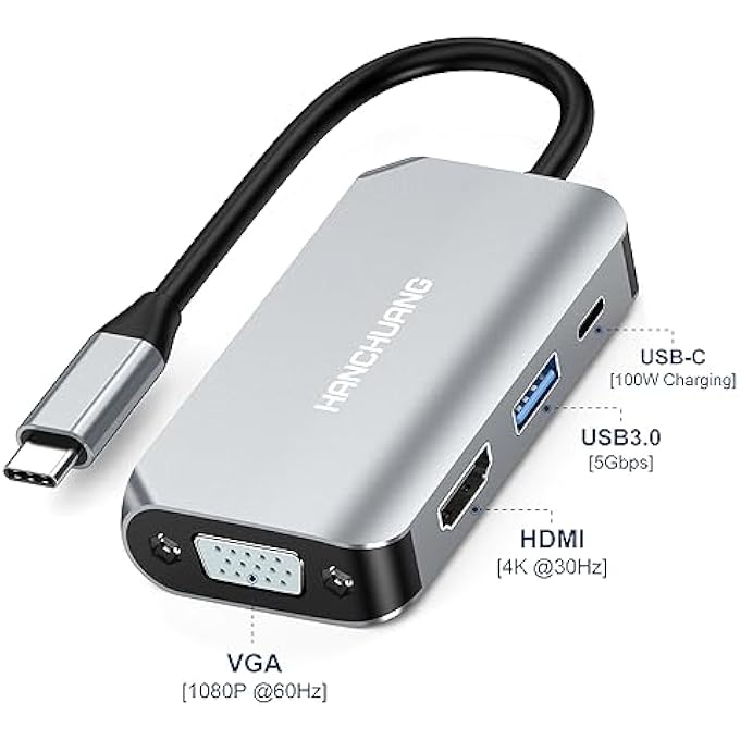 محول USB C إلى HDMI VGA 4 في 1 ثندربولت 3 مع منافذ HDMI 4K، منفذ USB 3.0، منفذ توصيل الطاقة متوافق مع ماك بوك برو/ماك بوك إير/آيباد برو/ديل XPS ثندربولت 3 - Image 2