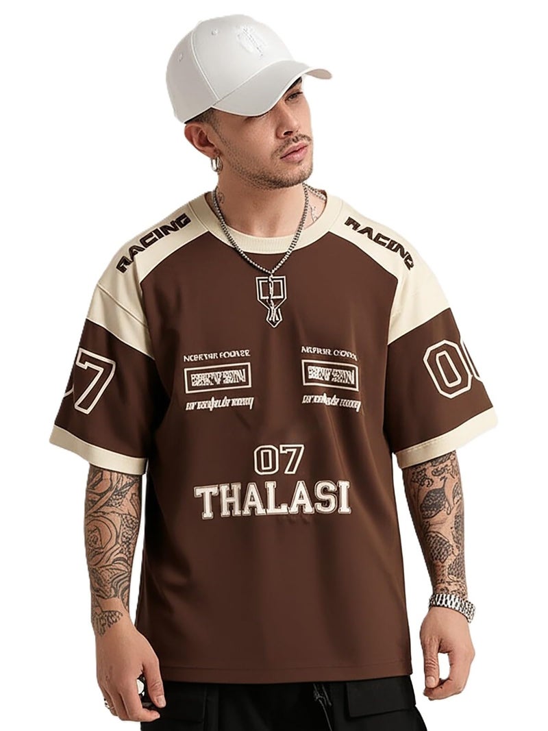 THALASI Men Cotton Jersey Aesthetic Oversized T shirts for Men | Sports Jerseys T-shirts & Half Sleeve Round Neck Printed Tshirt for Mens - Down Shoulder Loose & Baggy Fit Korean T shirt for Man & Boy - Image 1