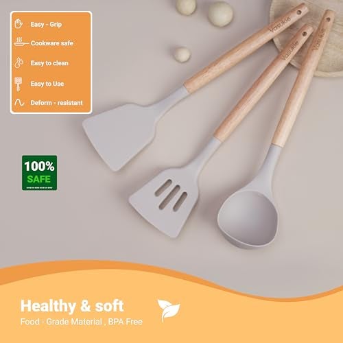 Vasukie Silicone Spatula Set – Kitchen Tools Utensils Wooden Nonstick Pan Spoons, Spoon for Cooking Baking Items, All Small Mini Rubber Cookware Products Tool Brush, Dosa Icing Pot 3PC Set Grey - Image 2