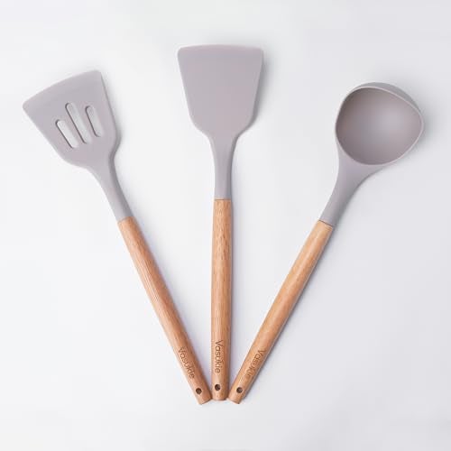 Vasukie Silicone Spatula Set – Kitchen Tools Utensils Wooden Nonstick Pan Spoons, Spoon for Cooking Baking Items, All Small Mini Rubber Cookware Products Tool Brush, Dosa Icing Pot 3PC Set Grey - Image 1