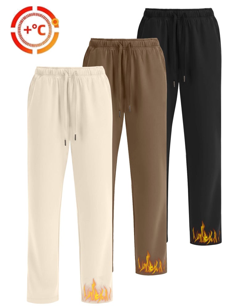 Yearntown 3 Pack Women's Fleece Wide Leg Sweatpants Thermal Baggy Athletic Pants Drawstring Lounge Pants with Pockets(Apricot, Khaki, Black,XX-Large) - Image 2