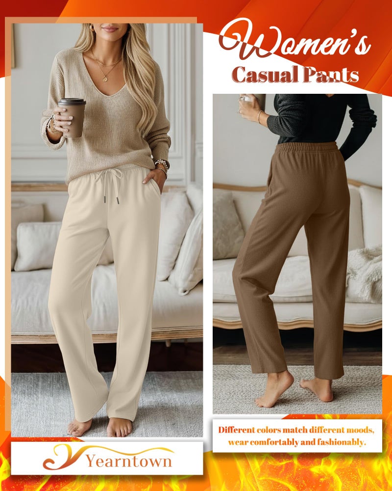 Yearntown 3 Pack Women's Fleece Wide Leg Sweatpants Thermal Baggy Athletic Pants Drawstring Lounge Pants with Pockets(Apricot, Khaki, Black,XX-Large) - Image 5