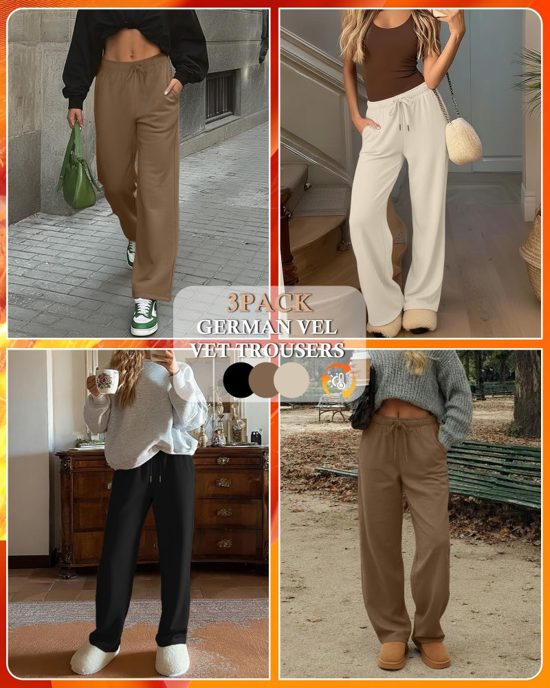 Yearntown 3 Pack Women's Fleece Wide Leg Sweatpants Thermal Baggy Athletic Pants Drawstring Lounge Pants with Pockets(Apricot, Khaki, Black,XX-Large) - Image 4