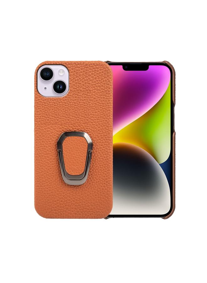 The Bros Case For iPhone 14 Plus Ring Holder Litchi Texture Genuine Leather Phone Case 