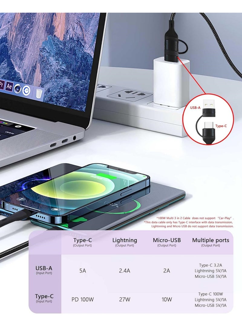 Rock Pow 100W USB C to Multi Charging Cable, QC 5A 2-in-1 USB A to C PD Port and 3-in-1 Braided Fast Charging Cord, with Type C/Micro Connectors, Universal Sync Charger Adapter for Laptop/Tablet/Phone  - Image 2