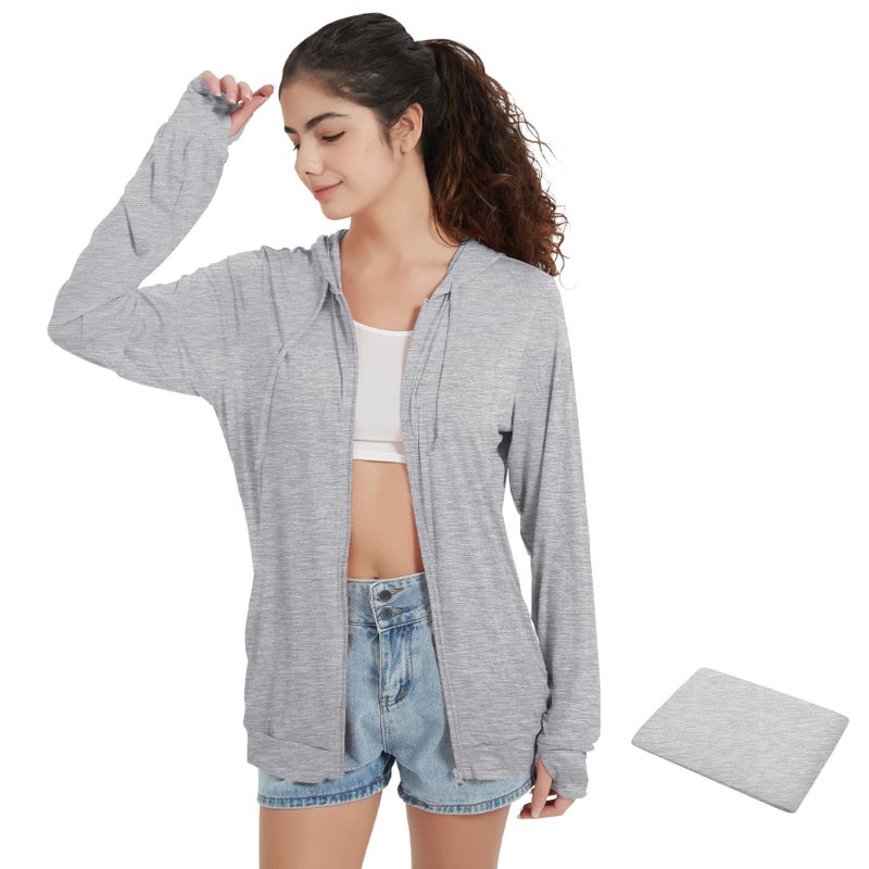 QBK Light Weight Zip Up Hoodie Thin Summer Jacket For Women(Light Grey M) - Image 1