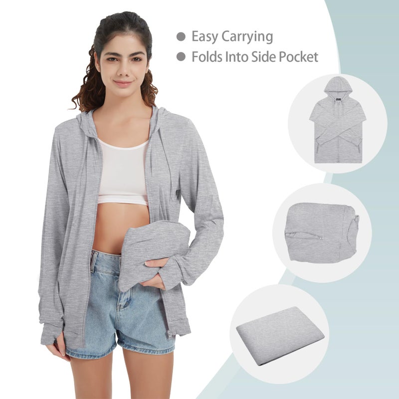 QBK Light Weight Zip Up Hoodie Thin Summer Jacket For Women(Light Grey M) - Image 3
