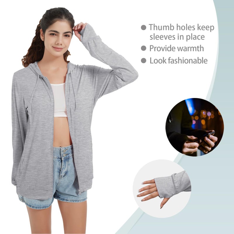 QBK Light Weight Zip Up Hoodie Thin Summer Jacket For Women(Light Grey M) - Image 4