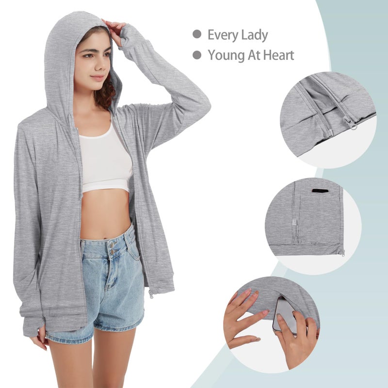 QBK Light Weight Zip Up Hoodie Thin Summer Jacket For Women(Light Grey M) - Image 5