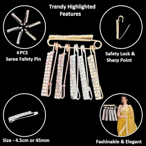 VAMA FASHIONS Gold Silver Rhinestone Crystal Stone Sarees Brooch Coat Dress Draping Gown Shawl Bridal Safety Saree Pins Accessory for Women & Girls - Image 3