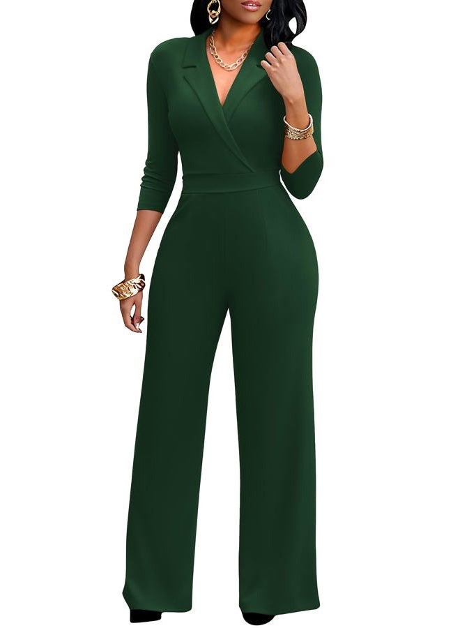 FANDEE Formal Jumpsuits for Women, High Waist Wide Leg Rompers Business Work 3/4 Sleeve One Piece Outfits with Pockets, Green, XXL - Image 1