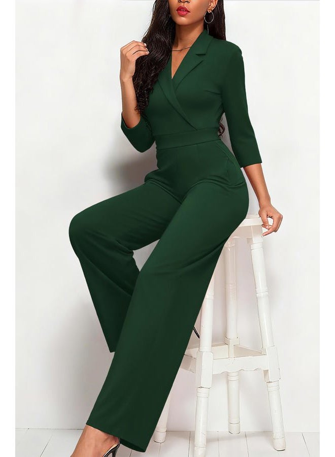 FANDEE Formal Jumpsuits for Women, High Waist Wide Leg Rompers Business Work 3/4 Sleeve One Piece Outfits with Pockets, Green, XXL - Image 5