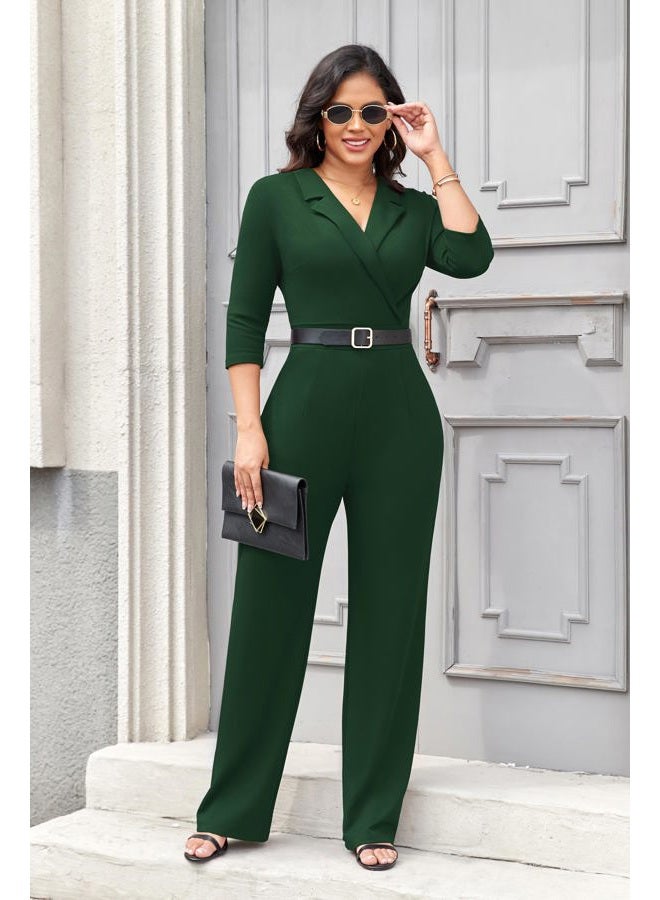 FANDEE Formal Jumpsuits for Women, High Waist Wide Leg Rompers Business Work 3/4 Sleeve One Piece Outfits with Pockets, Green, XXL - Image 3